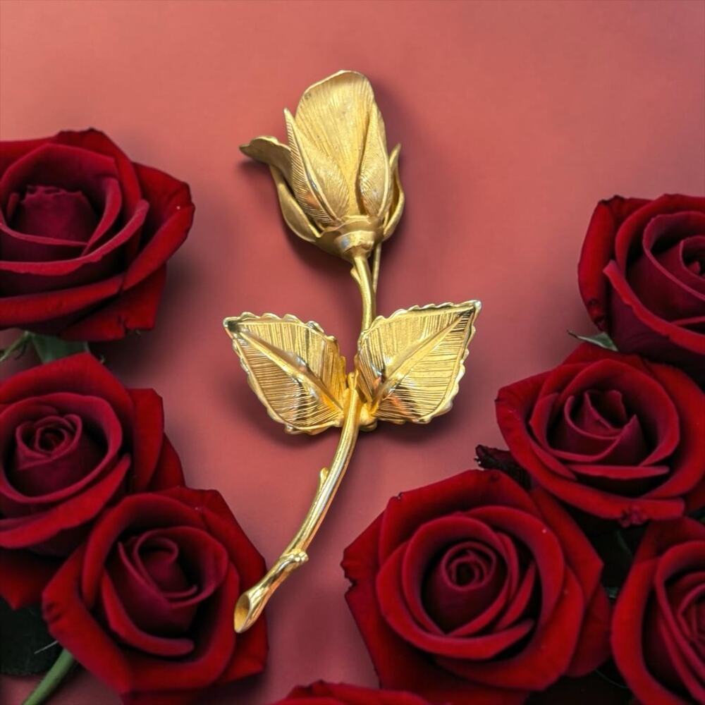 Vintage Gold Rose Brooch Sculptural Long Stem Romantic Statement Pin